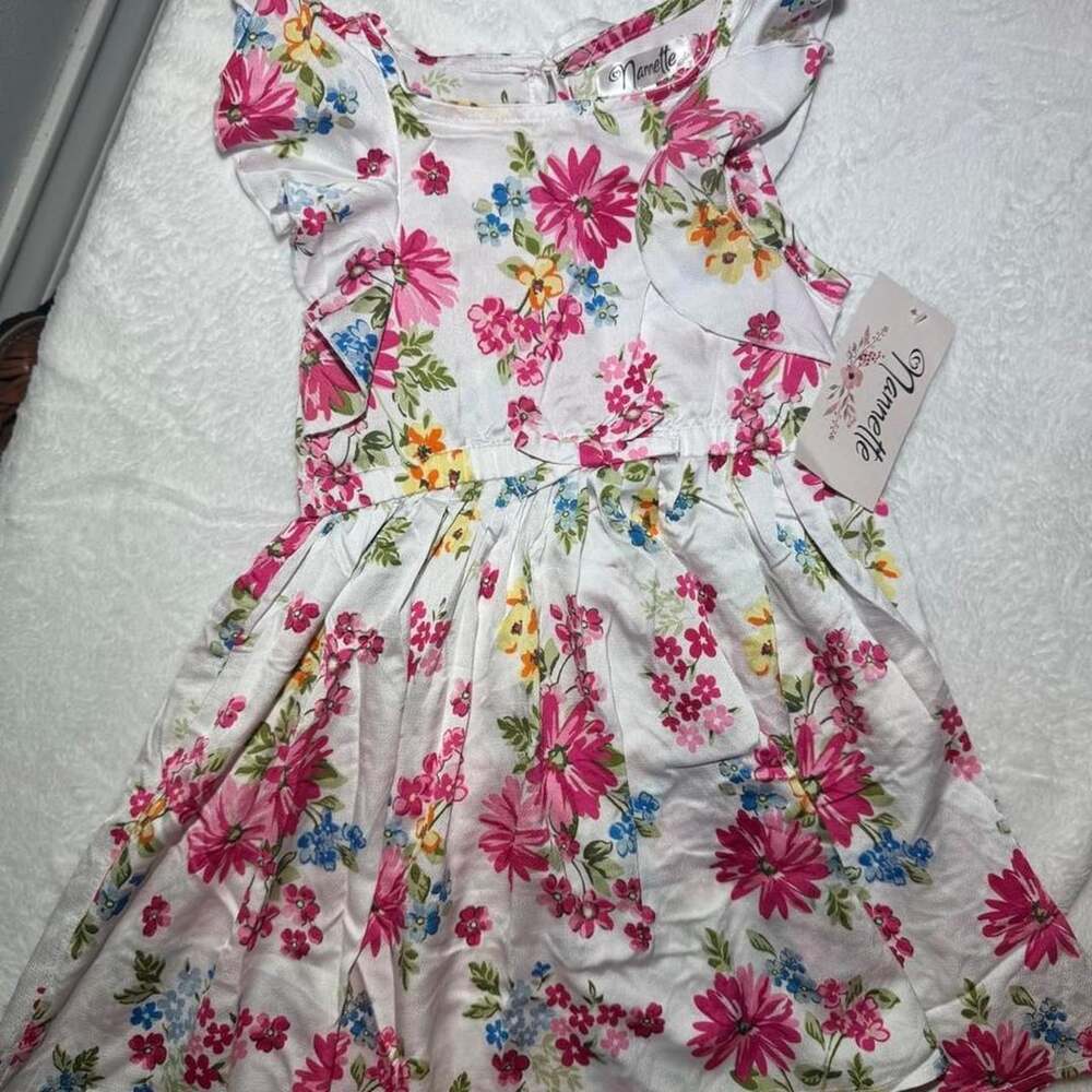 Nannette Floral Dress Size 3T White Pink Ruffle Sleeves